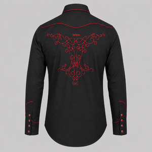 Camisa vaquera marca rangers negra bordada rojo, tierra norte