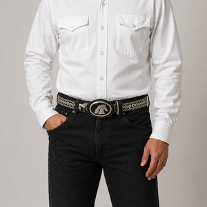 Cinturón YAC negro bordado en blanco 100% Piel