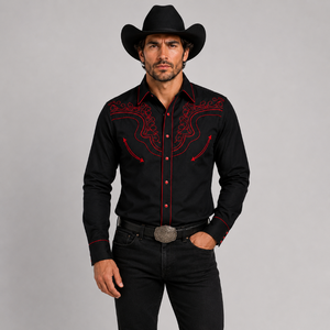 Camisa vaquera marca rangers negra bordada rojo