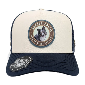 Gorra Ranch & Corral Border Collie Crema Azul Marino Trucker Semicurva Snapback
