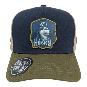 Gorra Ranch & Corral Siberian Husky Azul Marino Verde Olivo Trucker Semicurva Snapback