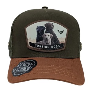 Gorra Ranch & Corral Hunting Dogs Verde Olivo Naranja Trucker Semicurva Snapback