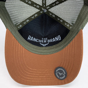 Gorra Ranch & Corral Hunting Dogs Verde Olivo Naranja Trucker Semicurva Snapback