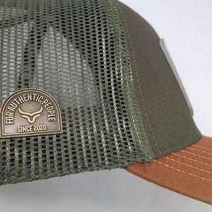 Gorra Ranch & Corral Hunting Dogs Verde Olivo Naranja Trucker Semicurva Snapback