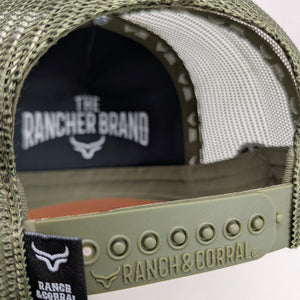 Gorra Ranch & Corral Hunting Dogs Verde Olivo Naranja Trucker Semicurva Snapback