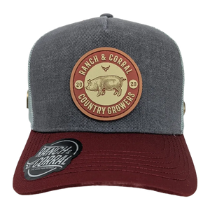 Gorra Ranch & Corral Country Growers Gris Rojo Vino Trucker Semicurva Snapback