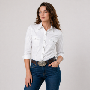Camisa Vaquera Blanca Microdiseño Azul Mujer