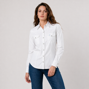 Camisa Vaquera Blanca Microdiseño Azul Mujer