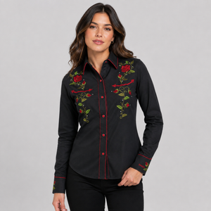 Camisa Vaquera RANGERS Mujer – Negra con Bordado de Rosas