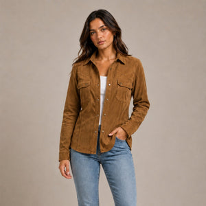Sobrecamisa acabado en ante Mujer  100% piel borrego pelibuey – Tierra Norte - Camel